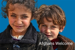 [ai] Two children, a girl and a boy, standing close together with smiles. The girl has curly hair and wears a dark coat, while the boy has lighter hair and a brown coat. The background is blue with the text 'Afghans Welcome' in white.